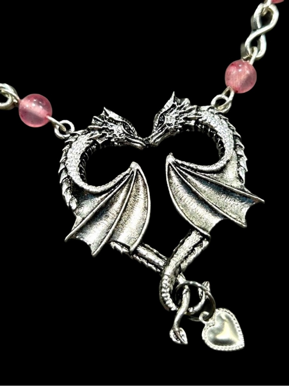 Handmade Kissing Dragons Infinity Pendant Necklace with Pink Jade Stones